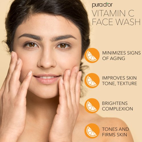 PURA D'OR 8 Oz Vitamin C Face Wash - Antioxidant Rich Brightening Facial Cleanser For Radiant Glow & Even Skin Tone - Gentle, Refreshing, Nurturing, Hydrating - Sulfate & Paraben Free - All Skin Types