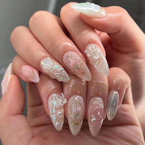 LPOODDNU 3D Handmade Press on Nails with Charms Medium Almond Fake Nails Cute French Nails Press ons Butterfly Flower Bow Stick on Nails Almond Shape Acrylic Nails Pearl Nails for Women Daily Wear