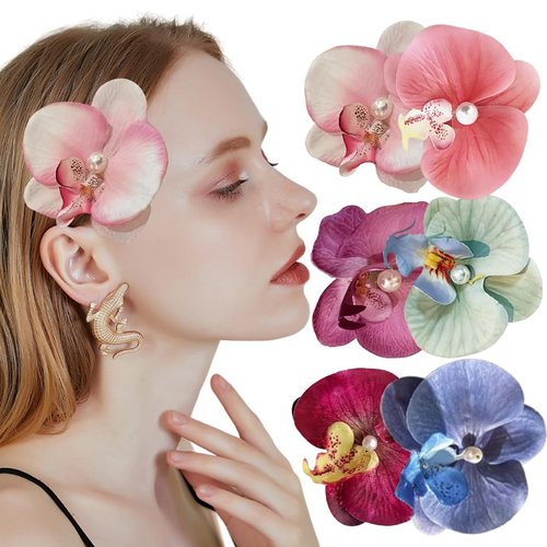Orchid Flower Hair Clips, Bohemian Butterfly Orchid Hairpin Hair Barrettes, Hawaii Boho Hairclip for Women Girls Bridal Hair Accessories, Seaside Holiday Bobby Headwear (Pink Red Blue Combine)