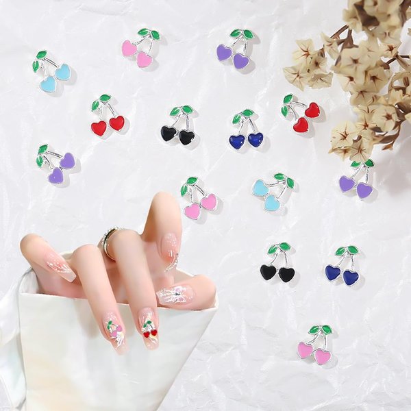 24 Pcs 3D Cherry Nail Charms Cherry Heart Nail Rhinestones Cherry Heart Nail Art Charms 3D Shiny Nail Gems Nail Glitter Studs Nail Slices for Women Girl Nail Jewelry Making Crafts（6 Colors）