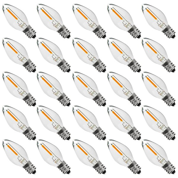 Austin Coast 25PACK LED Night Light Bulbs, C7 Candelabra LED Light Bulbs, E12 Chandelier Base, 0.6W Equivalent to 7W, Warm White 2200K,50LM Dimmable,Shatterproof & Waterproof Clear ‎Plastic