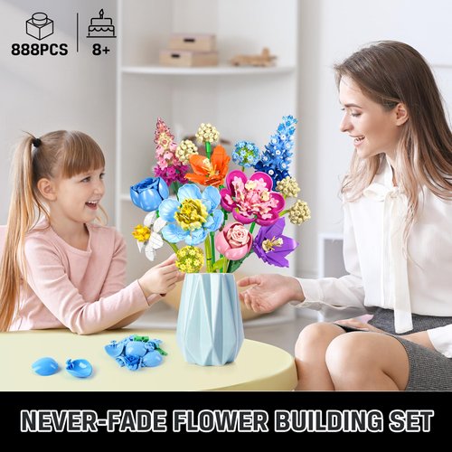 PLAXSOON Flower Bouquet Building Set, 888 PCS Botanical Collection Building Block Toy, Rose Plant Home Decor, Flower Building Kit Valentine's Mother's Day Birthday Gift for Adults Women Boys Girls 8+