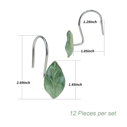 OBERITOL 12PCS Shower Curtain Hooks, Decorative Shower Curtain Hooks, Rust Proof Stainless Steel Shower Curtain Hooks for Bathroom, Bedroom Room Decor (Leaves)