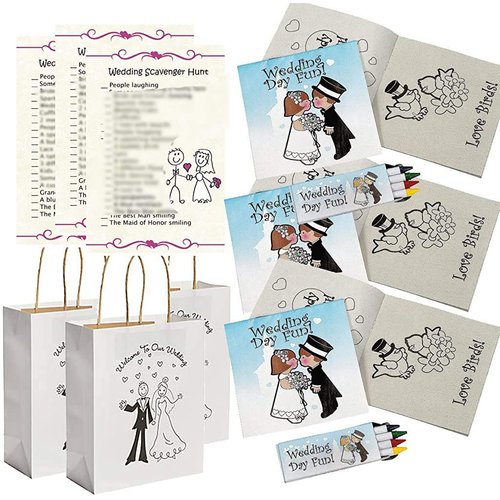 Wedding Activities for Kids - Individually Packaged Wedding Coloring Books and Crayons (12), Wedding Favor Bags (12) and Wedding Scavenger Hunt Sheets (25)