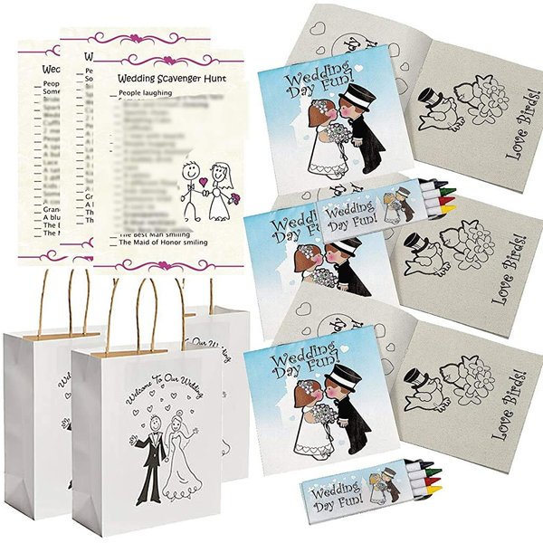 Wedding Activities for Kids - Individually Packaged Wedding Coloring Books and Crayons (12), Wedding Favor Bags (12) and Wedding Scavenger Hunt Sheets (25)