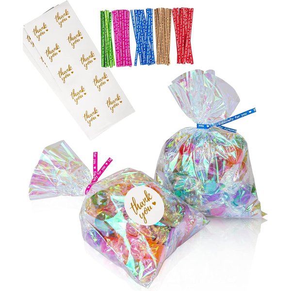 Cherodada Cellophane Treat Bags, 4x6 Inch Iridescent Cellophane Bags with Twist Ties, Celebrations Baby Showers Weddings Birthday Party Gift Wrapping(Pack of 100)