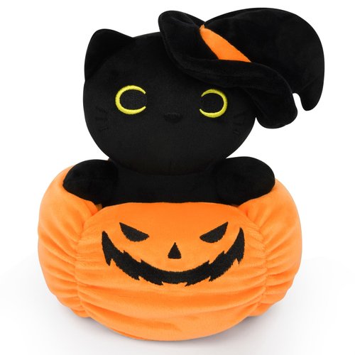 JIZWPOOM Black Cat Stuffed Animal, Pumpkin Black Cat Plushie Set, Cute Black Cat Plush Pillow Toys, Home Decoration Gift for Kids Adults Christmas