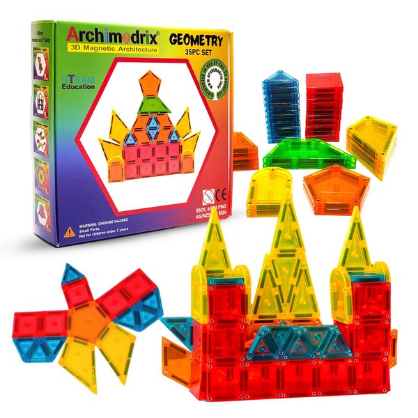 Archimedrix - Geometry Magnetic Tiles Building Blocks, Lightweight Magnetic Building Tiles, Phthalate and Lead-Free Kids Magnetic Tiles, Durable Magnetic Building Blocks for Kids, 35 Pieces