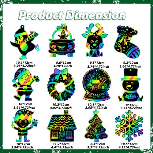 RICEDUO Christmas Scratch Crafts Art for Kids, 48 Pieces Rainbow Christmas Scratch Paper Art with Wooden Sticks, Christmas Ornaments for Kids Party Favors Supplies