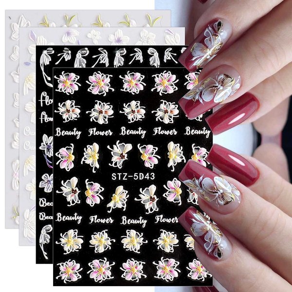 3D Embossed Spring Flower Nail Art Stickers Decals 4 Sheets 5D Self-Adhesive Pegatinas Uñas Pink Cherry Blossoms Floral Nail Supplies Nail Art Design Decoration Accessories