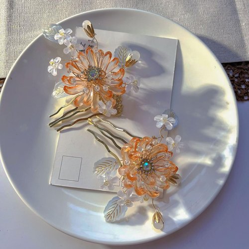 Rabithenn Orange Equinox Flower Hair Clip for Women - Chinese Hanfu Acrylic Resin Pearl Hairpin with Metal Accessories for Long Hair - 1 Count, 8.5x8.5cm (3.35x3.35inch)