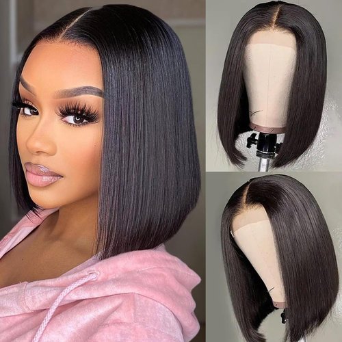 Bob Wig Human Hair 13x4 HD Lace Front Wigs Human Hair Pre Plucked with Baby Hair 180% Density Short Straight Bob Wigs for Black Women Glueless Bob Lace Front Wigs Human Hair Natural Color 10 Inch