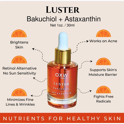 OXW Beauty Luster Bakuchiol and Astaxanthin Face Oil Retinol Alternative, Nourishing Serum for Face & Neck, Reduces Fine Lines, Wrinkles & Puffiness, Non-Greasy Lightweight Facial Oil