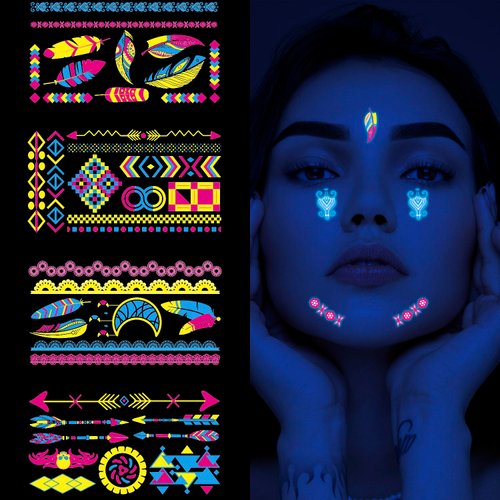 5Sheet Glow in The Dark Temporary Tattoos, UV Neon Body Face Fake Waterproof Tattoo Stickers Colo...