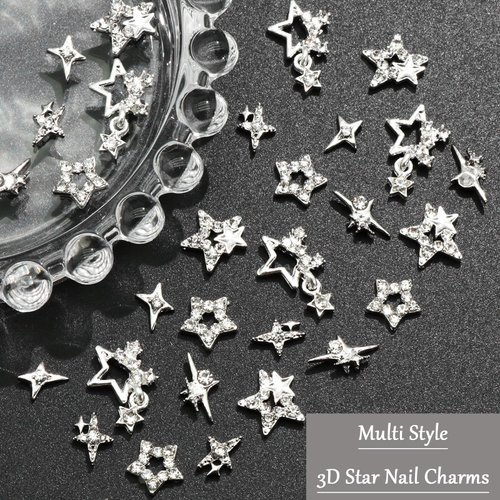 RODAKY 30PCS Silver Star Nail Charms Shiny 3D Stars Nail Gems Starlight Nail Jewelry Y2K Charms for Acrylic Nails Decoration Metal Nail Supplies for Women and Girls