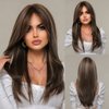 EMMOR Brown Wigs for Women,Long Layered Wigs with Curtain Bangs Heat Resistant Synthetic Fibre Wigs(Brown with Grey Highlight)