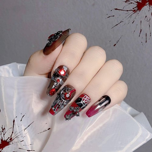Eseres 30Pcs Nail Charms 3D Vintage Punk Nail Art Charms for Acrylic Nail DIY Black Red Rhinestones Gothic Nail Art Decorations