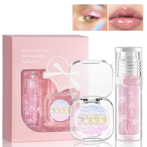 HOSAILY Face Highlighter+ Nude Pink Glitter Lip Gloss, Holographic Sparkle Color Shifting Inner Corner Eye Highlighter Illuminator with Watery Shimmer Plumping Mirror Lip Glaze Makeup Gift for Women