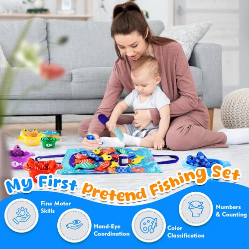 Montessori Cloth Fish Toys for Babies 6-12 Months, 22 pcs Fishing Game for Toddlers 1-3 with Stacking Cups, Learning Counting, Color Sorting, Sensory Educational Toy Gift for 1 2 Year Old Boys Girls