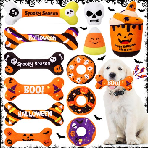 Glimin 12 Pcs Halloween Dog Toys Set Halloween Bone Pumpkin Candy Corn Donut Skull Plush Toys Dog Squeaky Plush Toy Interactive Dog Stuffed Toys for Small Medium Dogs Halloween Party Decor