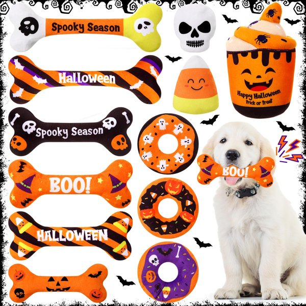 Glimin 12 Pcs Halloween Dog Toys Set Halloween Bone Pumpkin Candy Corn Donut Skull Plush Toys Dog Squeaky Plush Toy Interactive Dog Stuffed Toys for Small Medium Dogs Halloween Party Decor