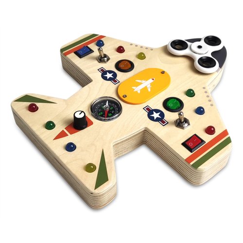 Aubii Montessori Wooden Plane Busy Board | Portal & Durable Learning Toys for Toddlers | Built-in Fidget Spinner Compass & Light Switches | Educational Learning for Toddlers