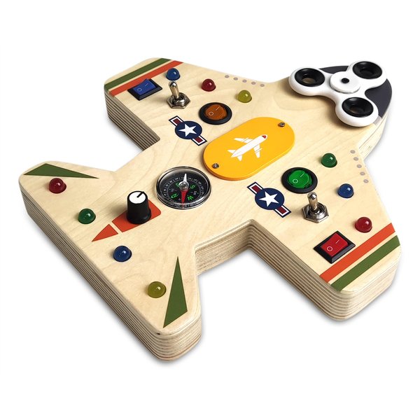 Aubii Montessori Wooden Plane Busy Board | Portal & Durable Learning Toys for Toddlers | Built-in Fidget Spinner Compass & Light Switches | Educational Learning for Toddlers