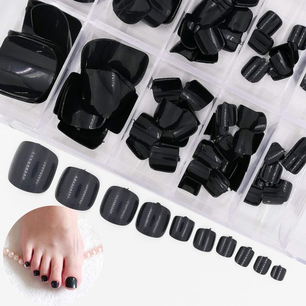 AddFavor False Toe Nails Glossy Solid Color Square Short Full Cover 120pcs Fake Toenails Acrylic Nail Tips for Women Girls (Black)