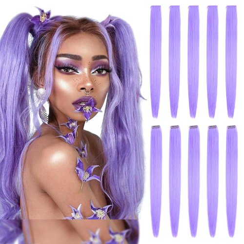 Light Purple Hair Extensions Clip In Neon Hair Extension Hairpieces Party Highlights Synthetic Halloween Hair Accessories Colored Straight Extension Clip Ins for Kids Girls 22" 10pcs