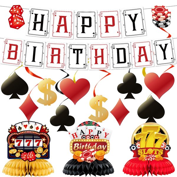 Refavor Casino Theme Party Decorations - 15PCS Casino Happy Birthday Banners Poker Birthday Party Decorations Casino Hanging Swirl Table Centerpieces Decor Supplies Casino Games Birthday Party