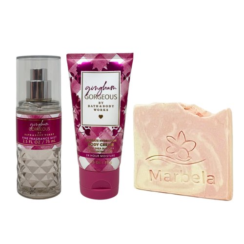 Bath & Body Works Gingham Gorgeous 2 Piece Mini Set with a Himalayan Salts Springs Sample Soap - Fragrance Mist and Body Cream - Travel Size