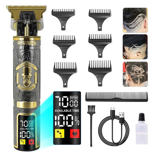Hair Clippers Men Kit, Beard Trimmer for Men, Hair Trimmer Men, Professional Hair Clippers with 6 Limit Combs, 3 Adjustable Speeds Cordless LCD Barber Clippers Gifts for Men, Type-C Charging, Black