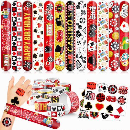 48 Casino 24PCS Casino Temporary Tattoos Sticker 24PCS Slap Bracelets Perfect for Themed Birthday Party Favors Baby Showers or Classroom Rewards Ideal Decor and Gifts for Girls and Boys