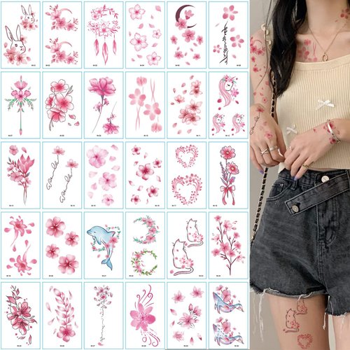 30 Sheets Pink Flower Temporary Tattoos for Women Girls 3D Cherry Blossom Floral Sexy Fake Tattoo Stickers Waterproof Body Art Temp Tattoo Paper (Cherry30)