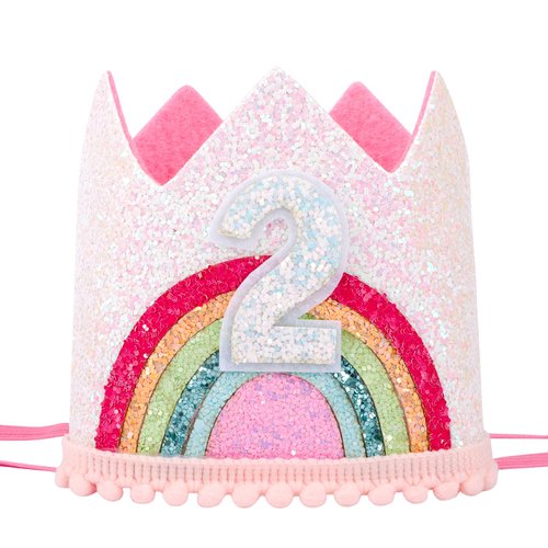 SuPoo Sequin 2nd Birthday Hat Headband 2nd Birthday Decorations for Girl Rainbow Birthday Crown for Girls Princess Tiara Elastic Hairbands 2 Year Old Happy Birthday Party Cap Decorations Accessories