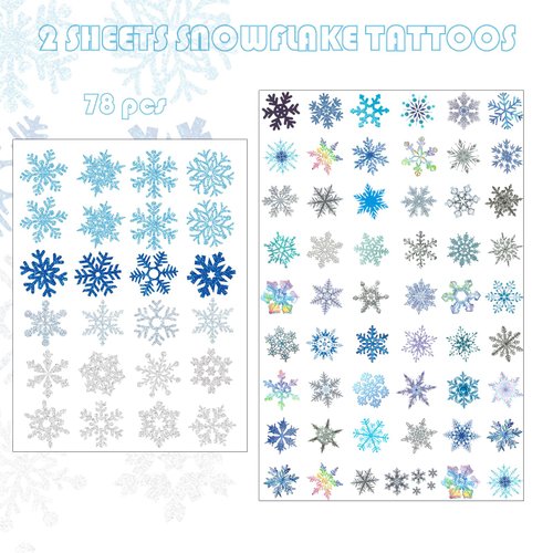 Christmas Snowflake Temporary Tattoos Stickers Winter Snow Flakes Glitter Tattoos Apparel Accessories for Adults Kids Christmas Holiday Party Favors Costume Body Face Decorations Supplies 78 Pcs