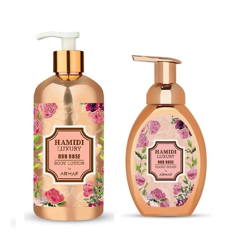 Hamidi Luxury Oud Rose 2pc Set .16.9 oz Body Lotion / 11.9 oz Hand Wash Oud Fragrance by Armaf (Oud Rose)