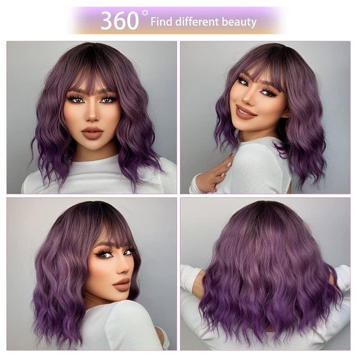 MUPUL Ombre Purple Wig Short Body Wavy Bob Wigs for Women With Bangs Shoulder Length Synthetic Cosplay Party Wig for Girls Daily Use Colorful Wigs