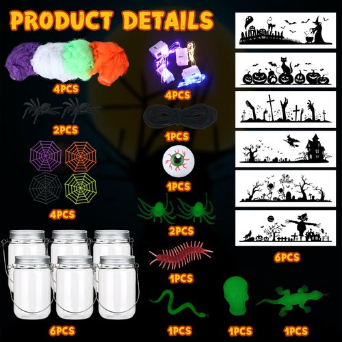 Liliful 6 Set DIY Lantern Jar Halloween Crafts Kit for Kids, LED Fairy Jar Halloween Decorations Include 500ml Jar with Light Spider Web Sticker Accessories for Garden Horror Lamp Party Supplies