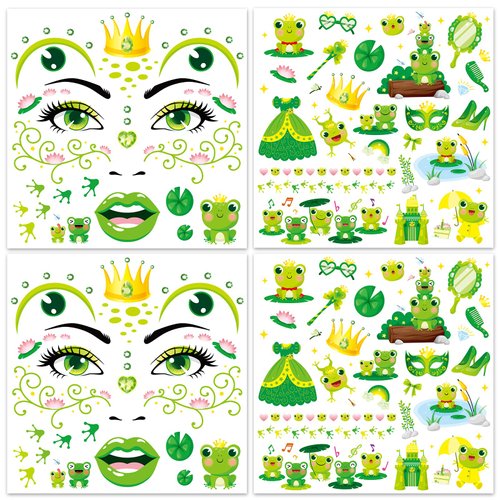 HOWAF 4 Sheets Frog Face Tattoos, Frog Temporary Tattoos Animal Frog Face Art Stickers for Girls Women Frog Birthday Decorations Cosplay Accessories, Frog Makeup Face Decoration Full Face Tattoos
