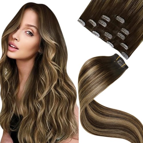 LaaVoo Clip in Hair Extensions Balayage Brown to Caramel Blonde Clip in Hair Extensions Real Human Hair Brown Balayage Human Hair Extensions Clip ins Silky Straight 14 Inch 80g/5pcs