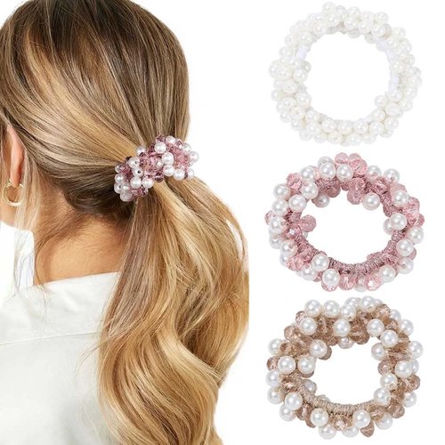 Bartosi Pearl Hair Ties White Elastic Hair Scrunchies Rhinestone Ponytail Holder Beaded Hair Ropes Non Slip Hair Bands Hair Accessories for Women and Girls (Pack of 3)