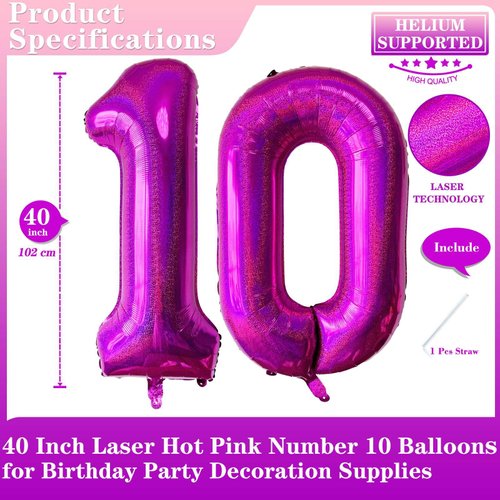 Laser Hot Pink Number 10 Balloons, 40 Inch Giant Pink Number Balloons Nylon Helium Hot Pink Number 10 Balloons for 10th Birthday Party Supplies Anniversary Event Celebration Decorations