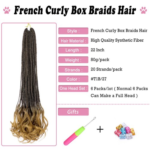 French Curl Box Braids 6 Packs 22 Inch Goddess Box Braids Crochet Hair Pre Looped French Curly Braiding Hair Crochet Box Braids With Curly Wavy Ends Synthetic Hair Extensions (#1B/27)