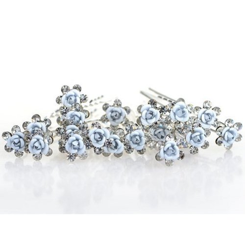 Various Beautiful Designs of Pearl/Crystals and Rhinestone Flower Hair Pins for Brides/Bridesmaids/Prom/Sweet Sixteen/Quinceanera/Weddings - Set of 20 (Blue Flower on Crystal)