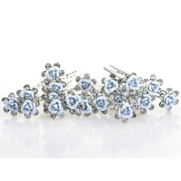 Various Beautiful Designs of Pearl/Crystals and Rhinestone Flower Hair Pins for Brides/Bridesmaids/Prom/Sweet Sixteen/Quinceanera/Weddings - Set of 20 (Blue Flower on Crystal)