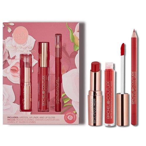 Rachel Couture Complete Lip Kit | Includes Lipstick, Lip Liner & Lip Gloss | Vegan & Cruelty Free | Infused with Rose Extract - Mood