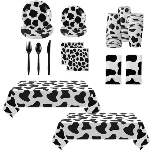 Oudain 162 Pcs Cow Dinnerware Set Cow Tablecloth Cow Plates and Napkins Cow Party Decorations Cow Table Runner Plastic Black White Party Supplies(Black, White)