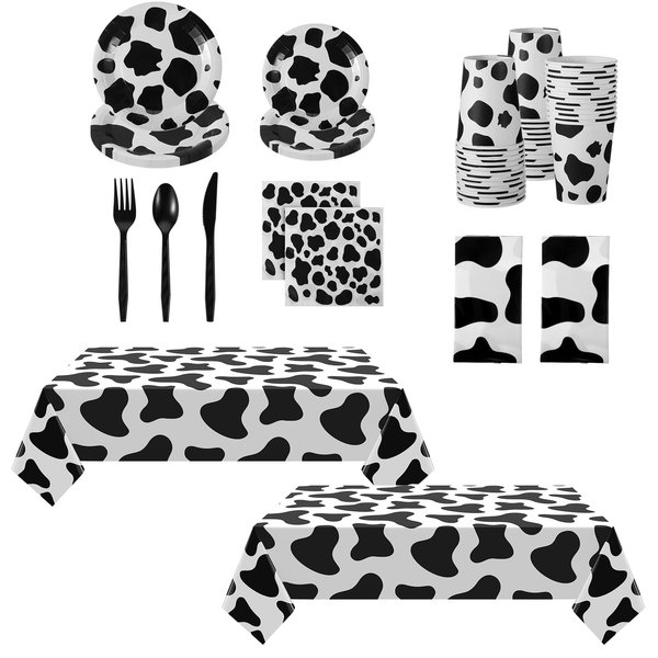 Oudain 162 Pcs Cow Dinnerware Set Cow Tablecloth Cow Plates and Napkins Cow Party Decorations Cow Table Runner Plastic Black White Party Supplies(Black, White)
