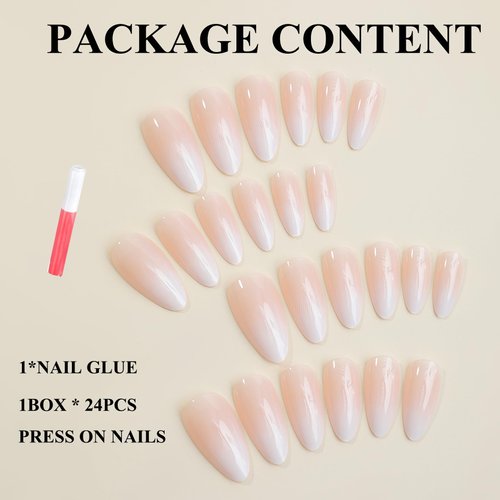 MERVF Almond Press on Nails Medium Fake Nails Ombre White French Tip Stiletto Glue on Nails with Design Acrylic Nails Press ons False Nails 24pcs Glossy